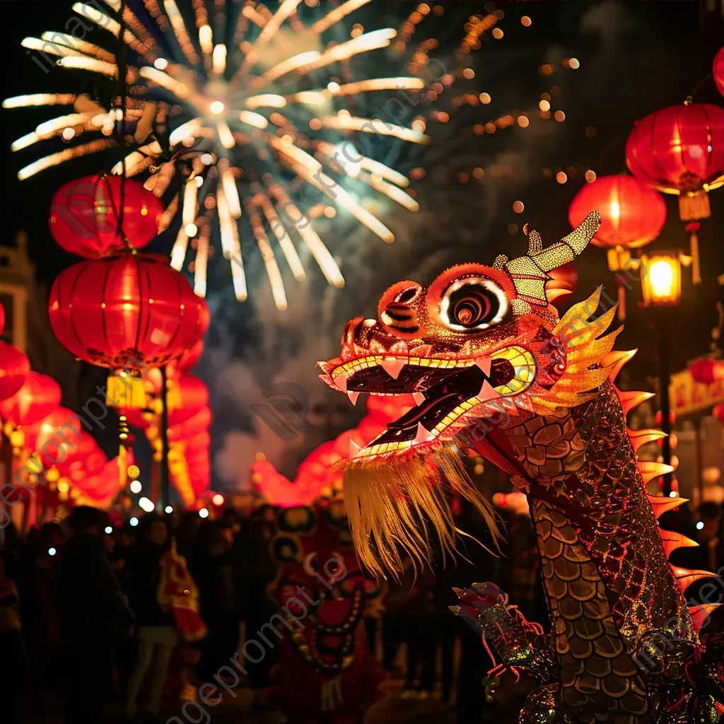 Chinese New Year festivities with dragon dance and lantern decorations - Image 3