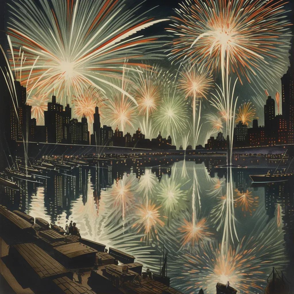 Illustration of fireworks display over city with lake reflection - Image 1