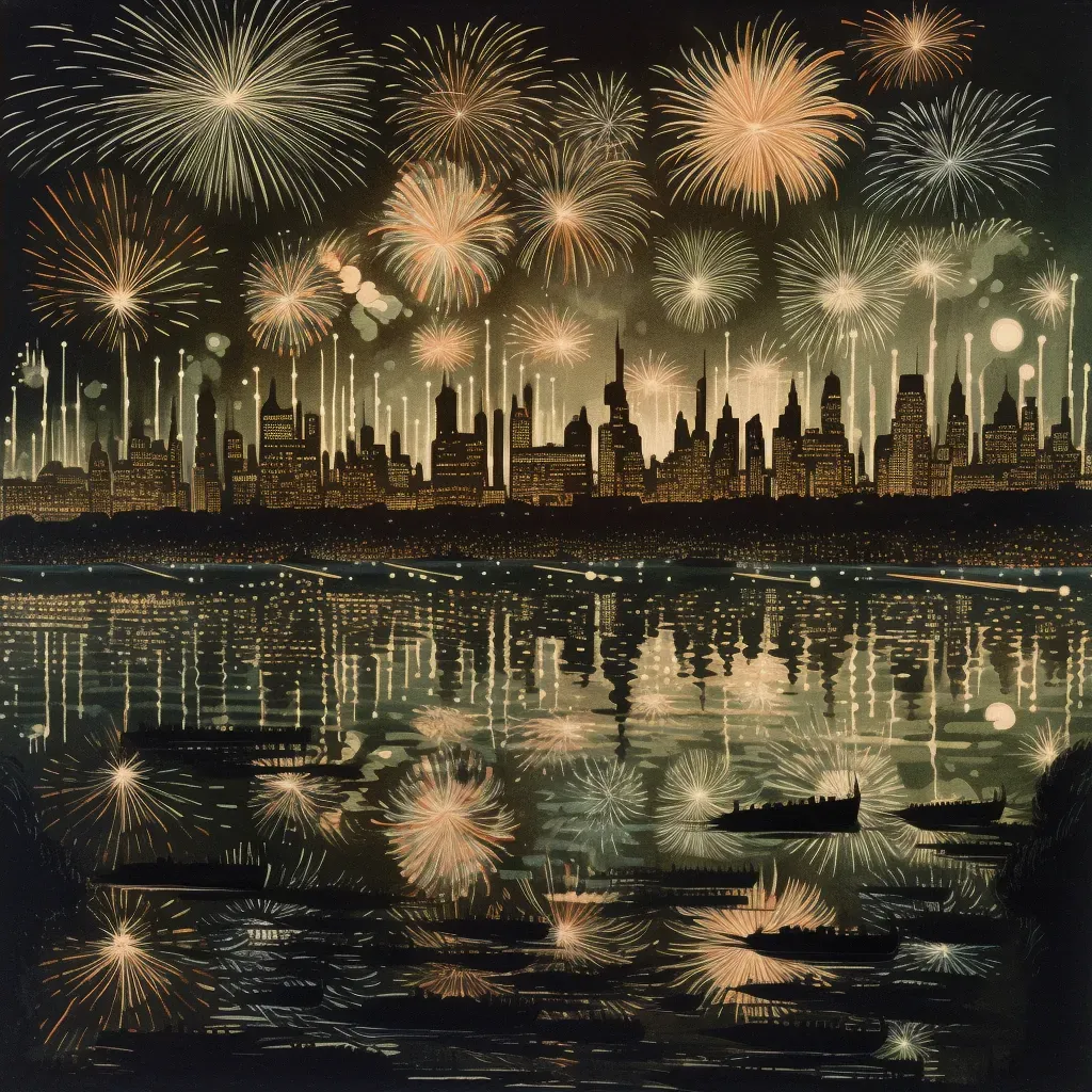 Illustration of fireworks display over city with lake reflection - Image 4