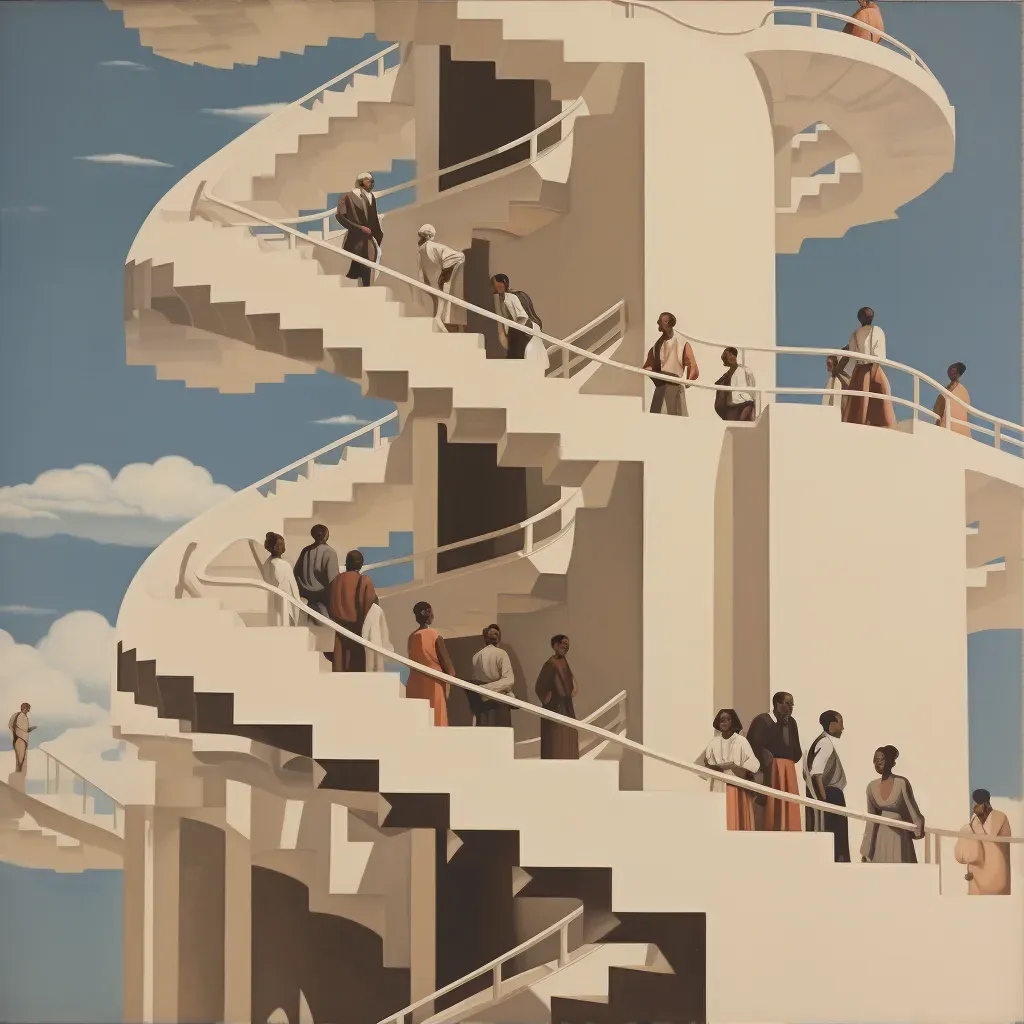 Illustration of people from various backgrounds climbing an endless staircase. - Image 1