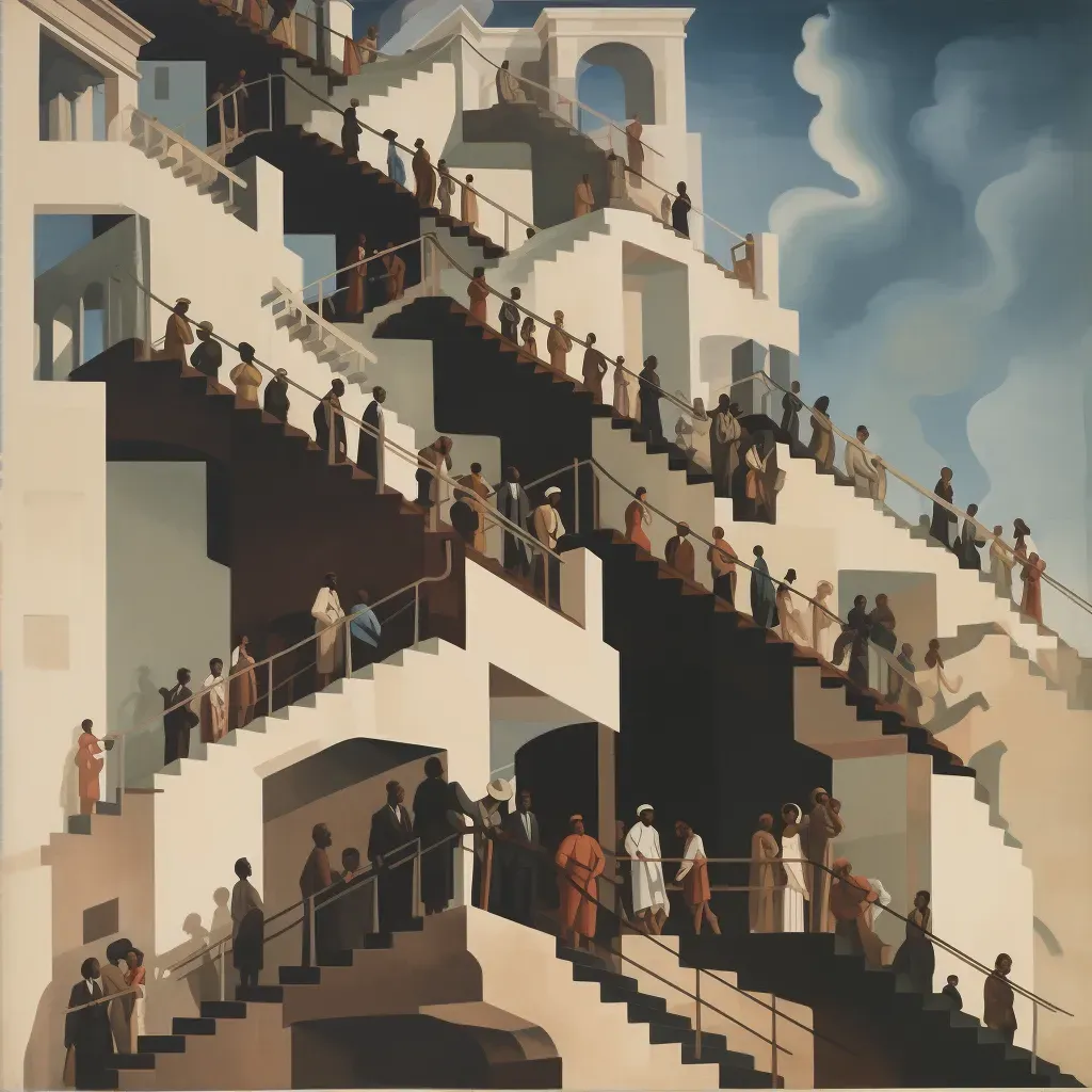 Illustration of people from various backgrounds climbing an endless staircase. - Image 2