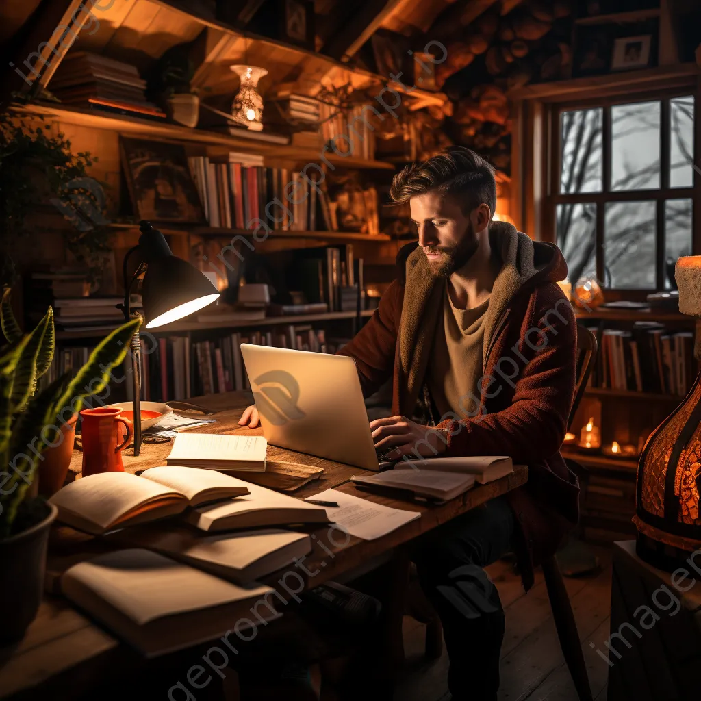 Digital nomad working on a laptop in a library - Image 1