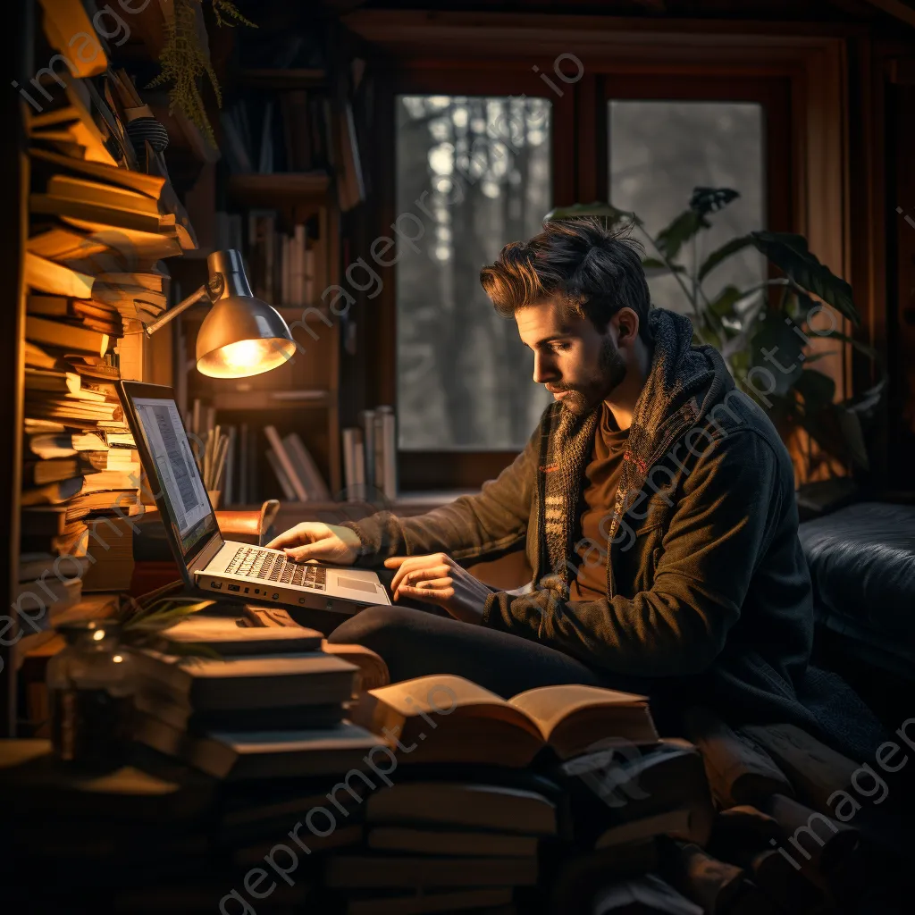 Digital nomad working on a laptop in a library - Image 4