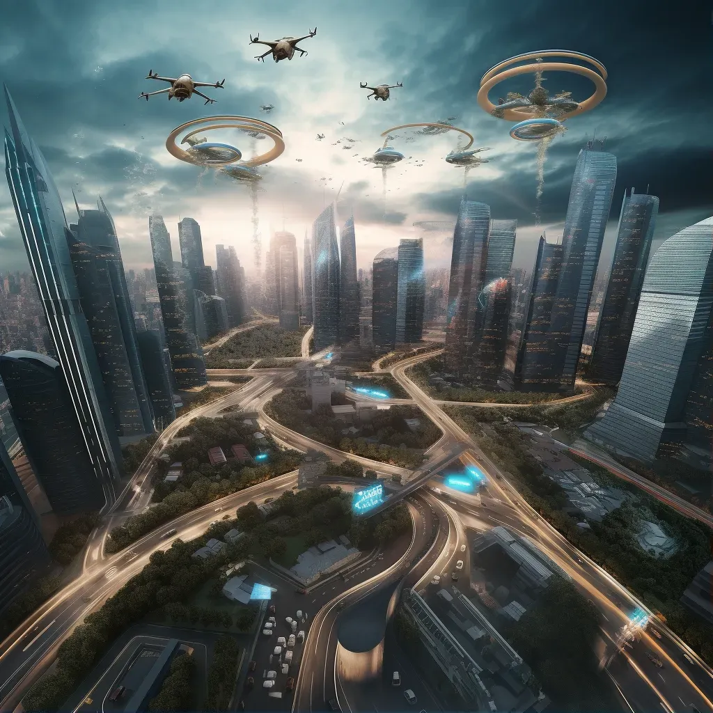 Futuristic city with flying cars and drone deliveries - Image 1