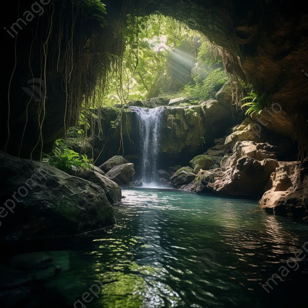 Cave opening with waterfall and sunlight - Image 1