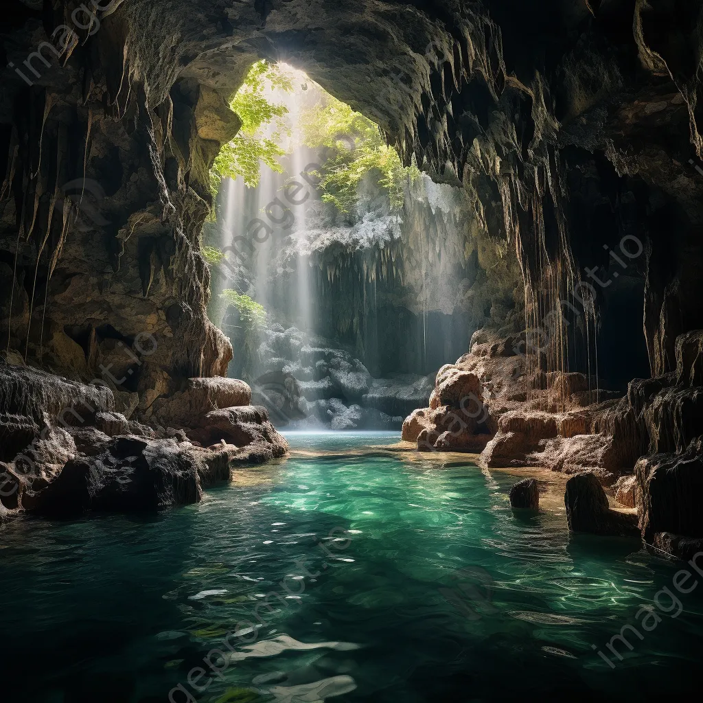 Cave opening with waterfall and sunlight - Image 2