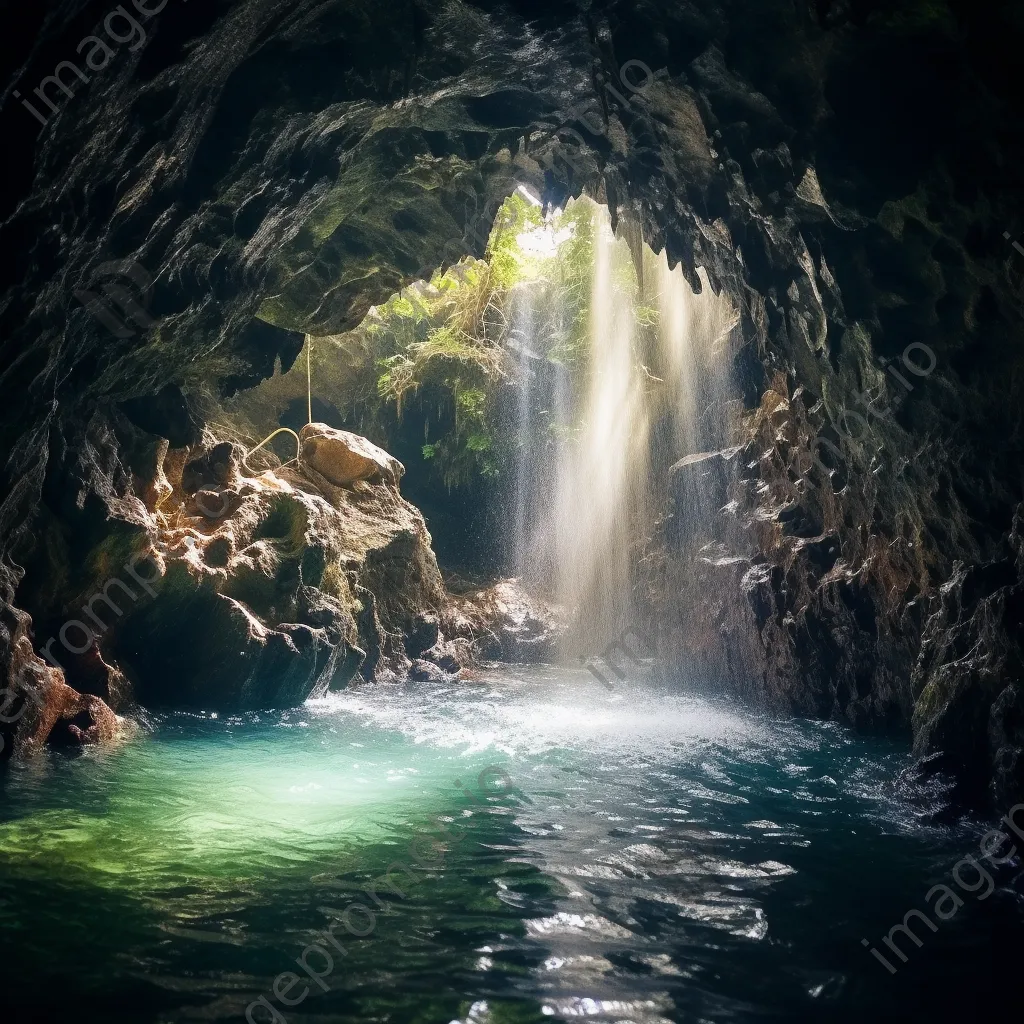 Cave opening with waterfall and sunlight - Image 4