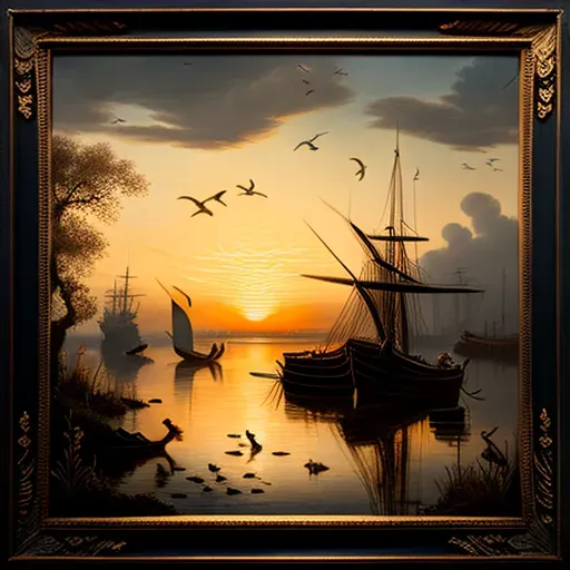 Tranquil river estuary at sunset with fishing boats and birds flying low - Image 1