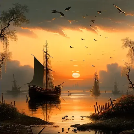 Tranquil river estuary at sunset with fishing boats and birds flying low - Image 2