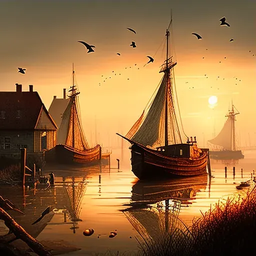 Tranquil river estuary at sunset with fishing boats and birds flying low - Image 3