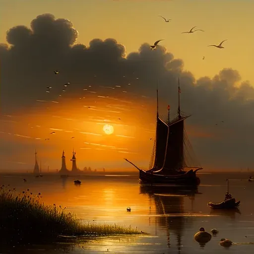 Tranquil river estuary at sunset with fishing boats and birds flying low - Image 4