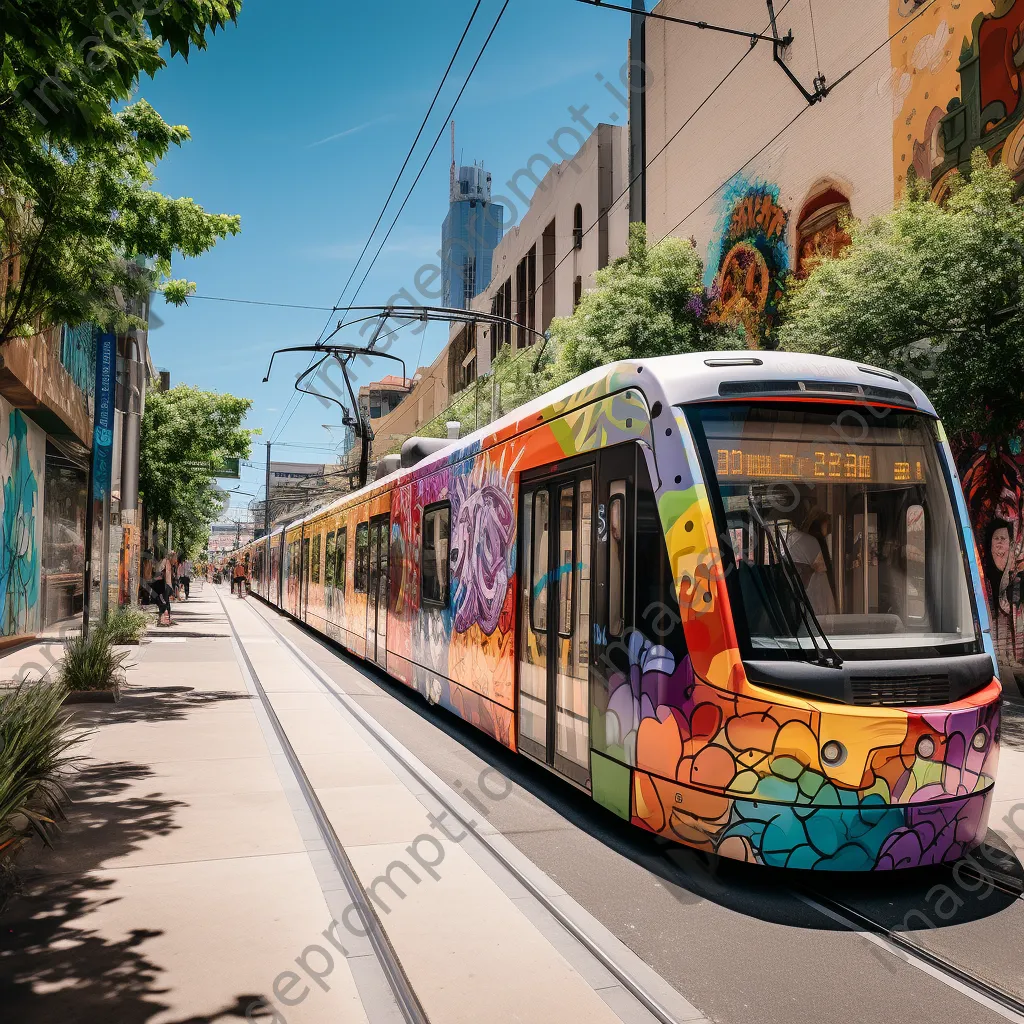 Trams passing by colorful street art murals in a vibrant urban setting. - Image 1