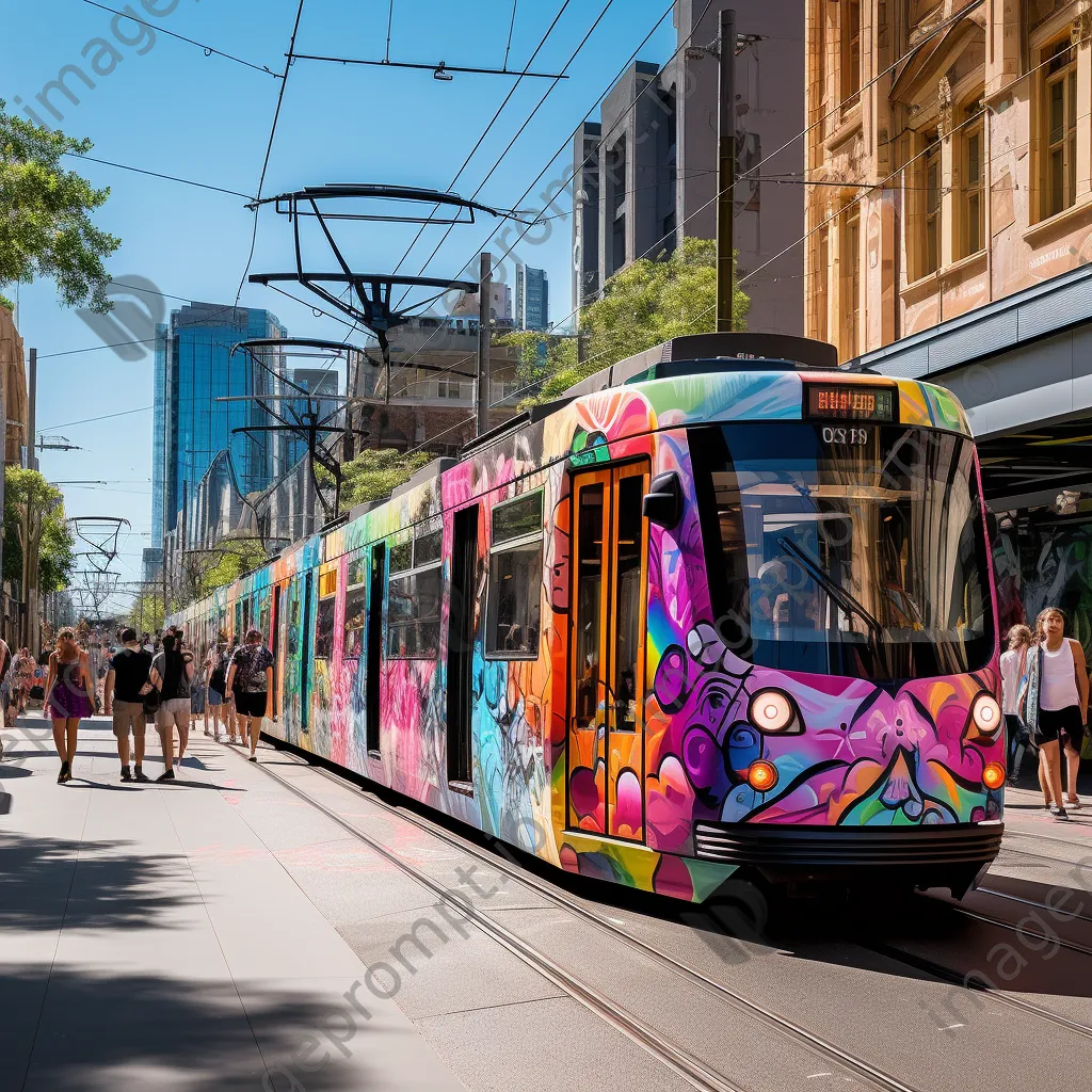 Trams passing by colorful street art murals in a vibrant urban setting. - Image 2