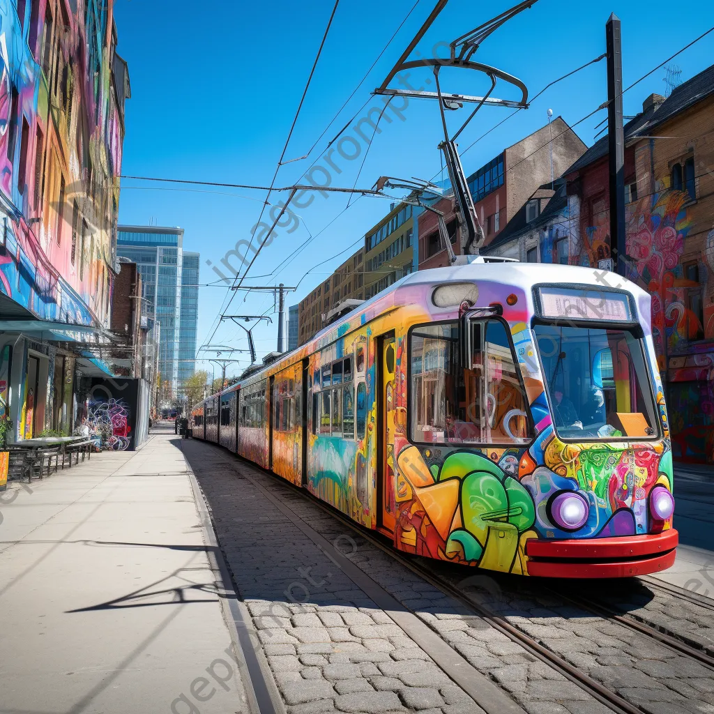 Trams passing by colorful street art murals in a vibrant urban setting. - Image 4