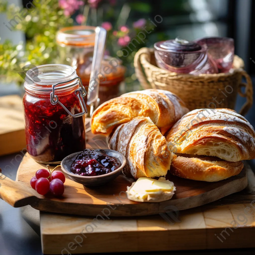 Display of organic bread and pastries on a wooden board with homemade jam. - Image 1