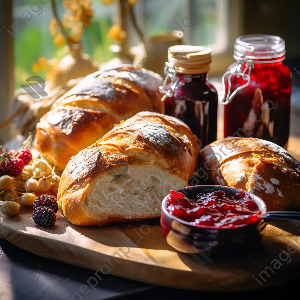 Display of organic bread and pastries on a wooden board with homemade jam. - Image 2