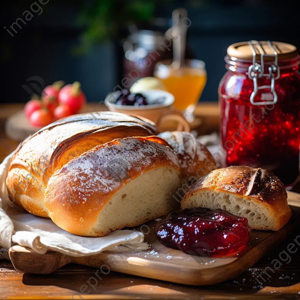 Display of organic bread and pastries on a wooden board with homemade jam. - Image 3