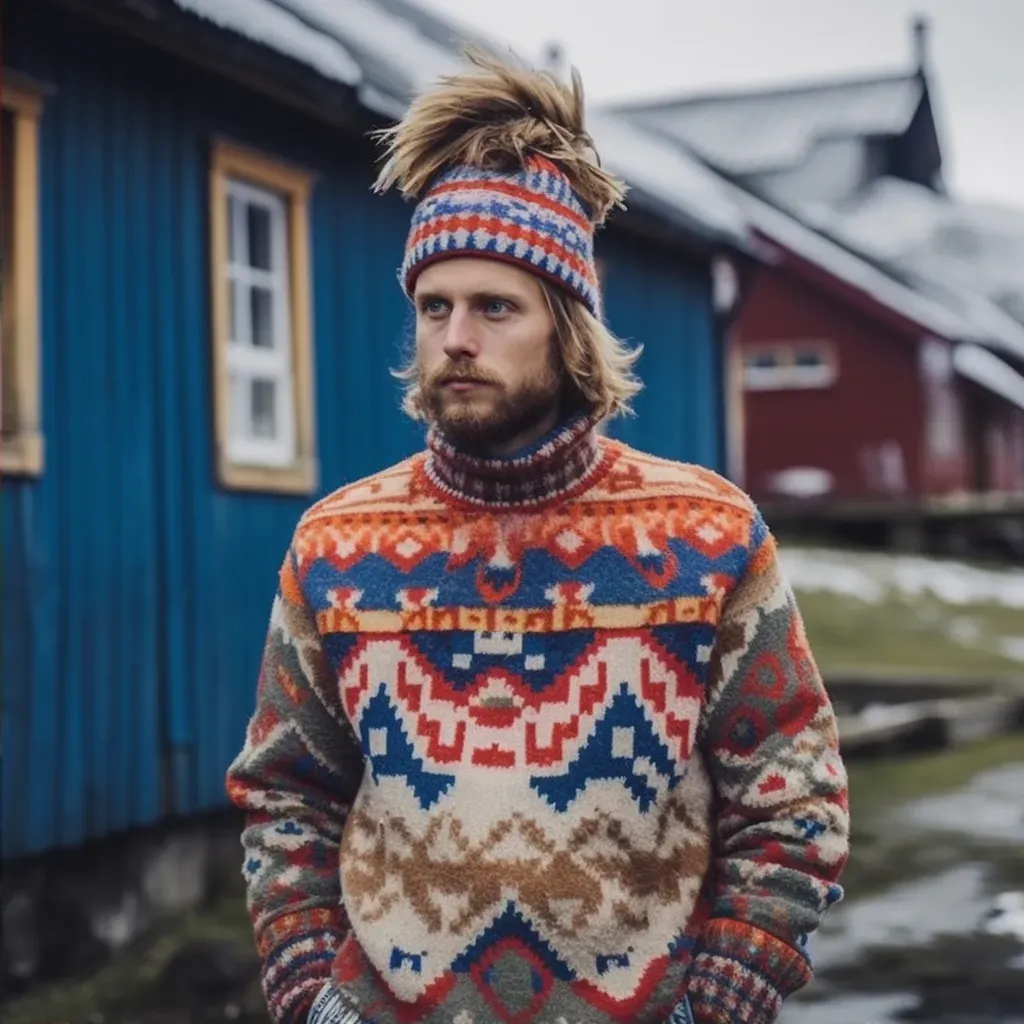 Icelandic Lopapeysa knitwear in snowy village - Image 2