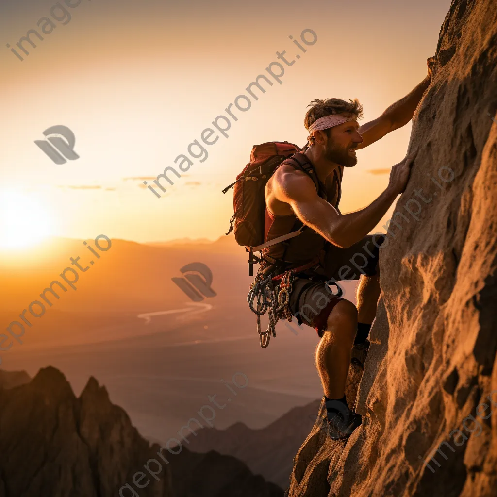 Rock climber ascending steep cliff at sunset - Image 1