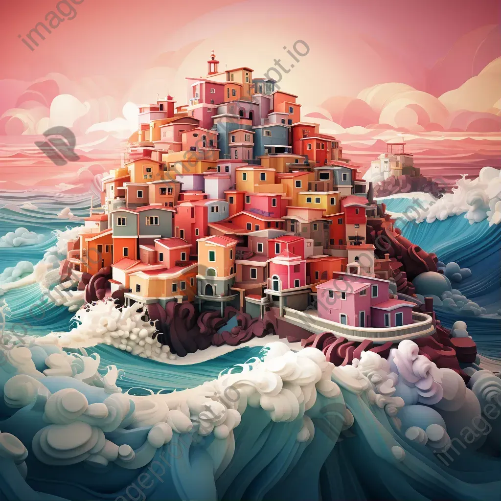 Low poly artwork of a dramatic hillside city against a raging ocean - Image 1