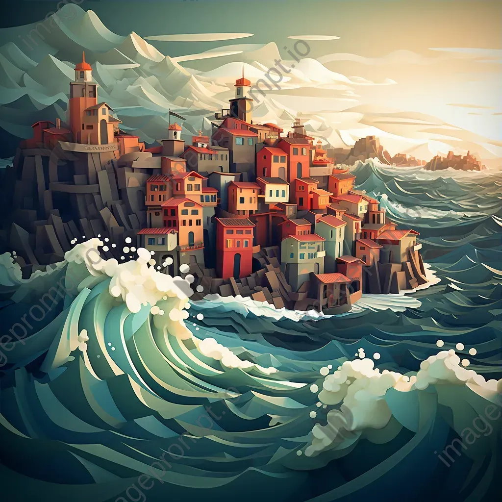 Low poly artwork of a dramatic hillside city against a raging ocean - Image 3