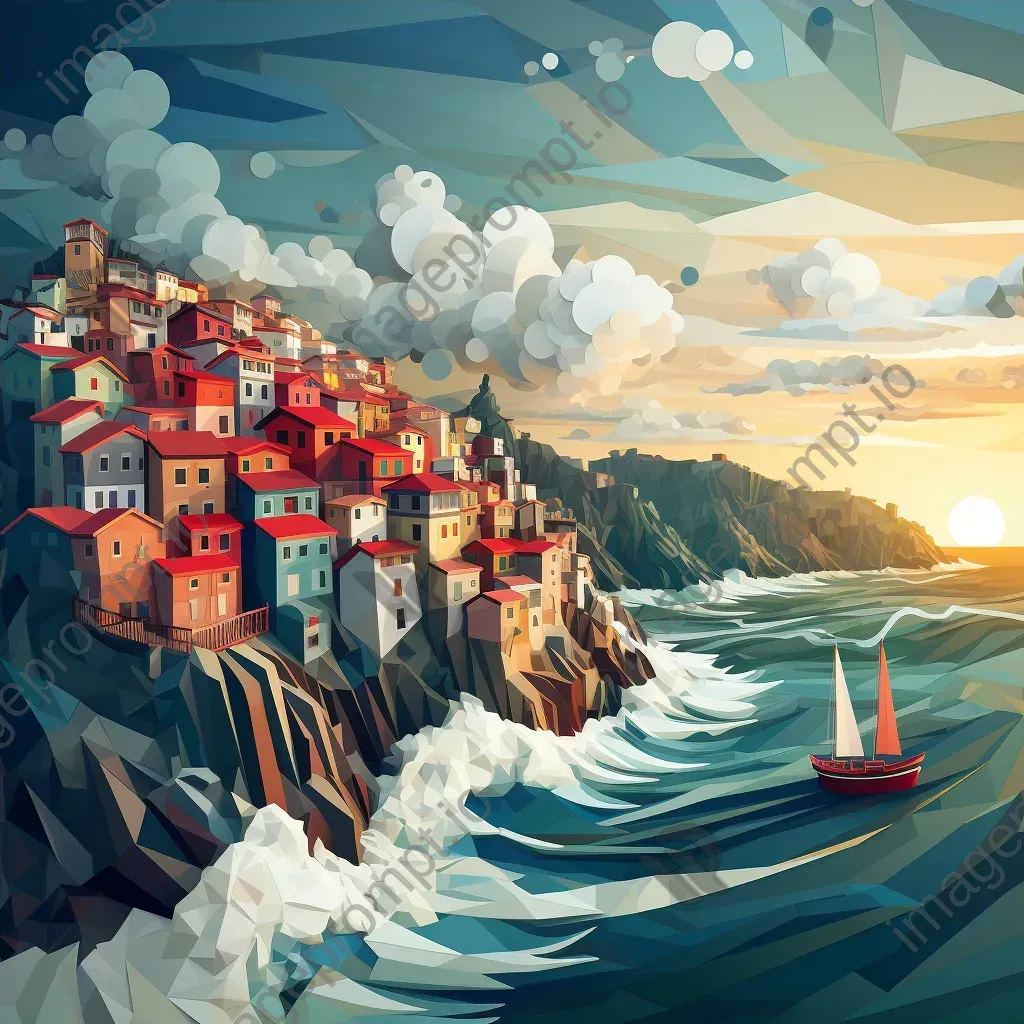 Low poly artwork of a dramatic hillside city against a raging ocean - Image 4