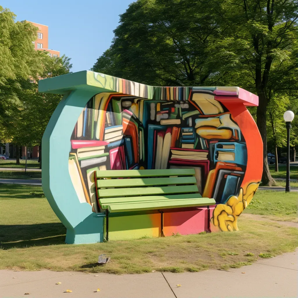 Park bench painted to look like a giant book, adding a literary and artistic touch to the park setting - Image 1