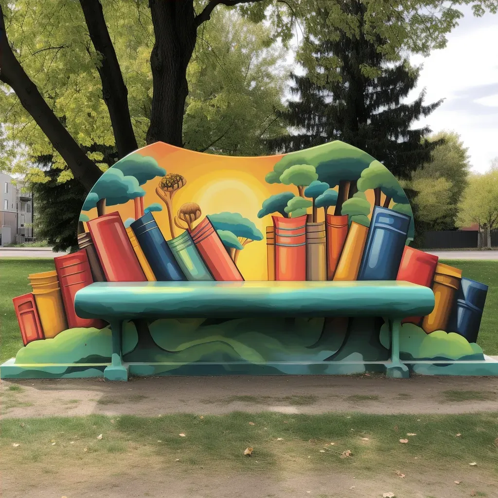 Park bench painted to look like a giant book, adding a literary and artistic touch to the park setting - Image 4