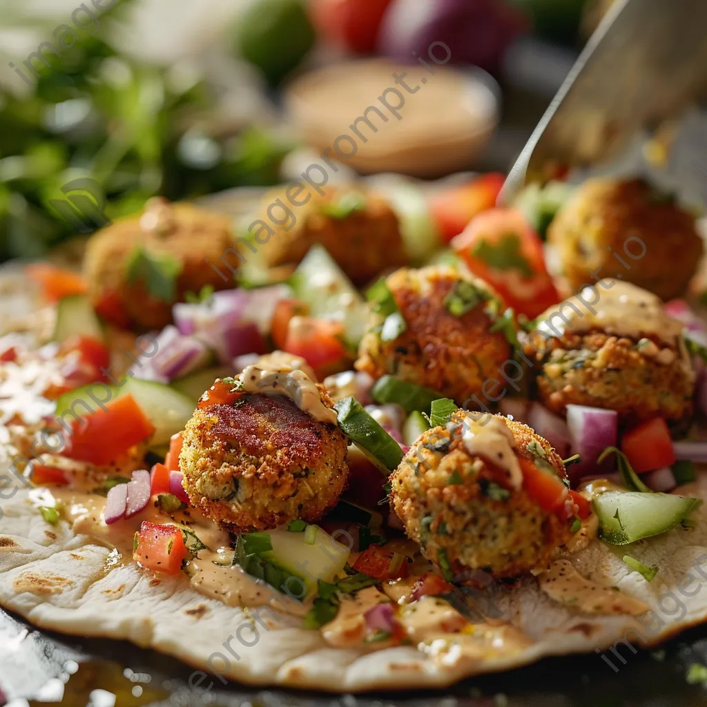 Close-up of a falafel wrap being prepared with fresh ingredients. - Image 1