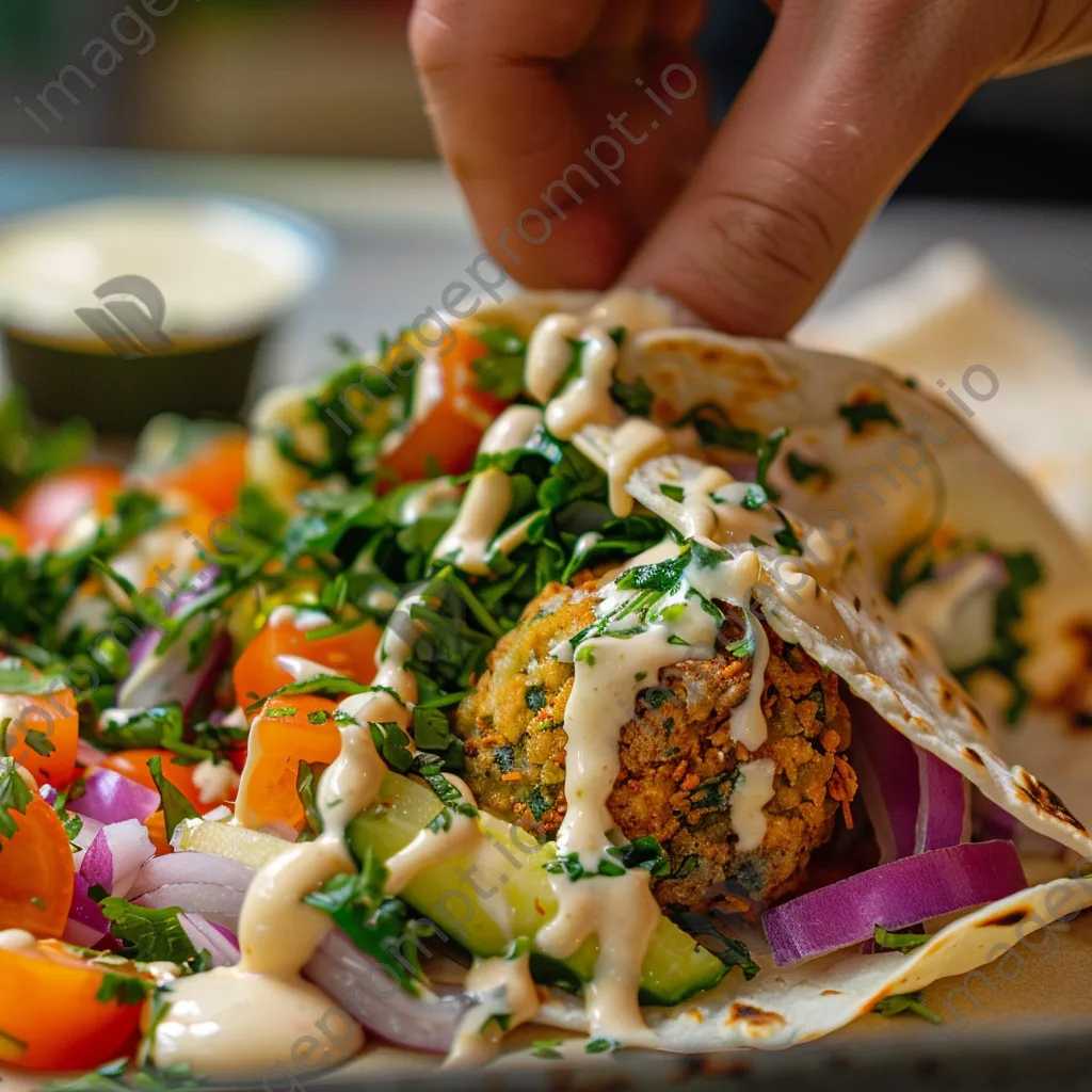 Close-up of a falafel wrap being prepared with fresh ingredients. - Image 2