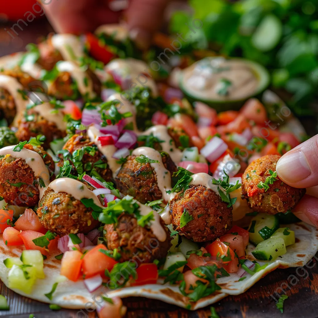 Close-up of a falafel wrap being prepared with fresh ingredients. - Image 3