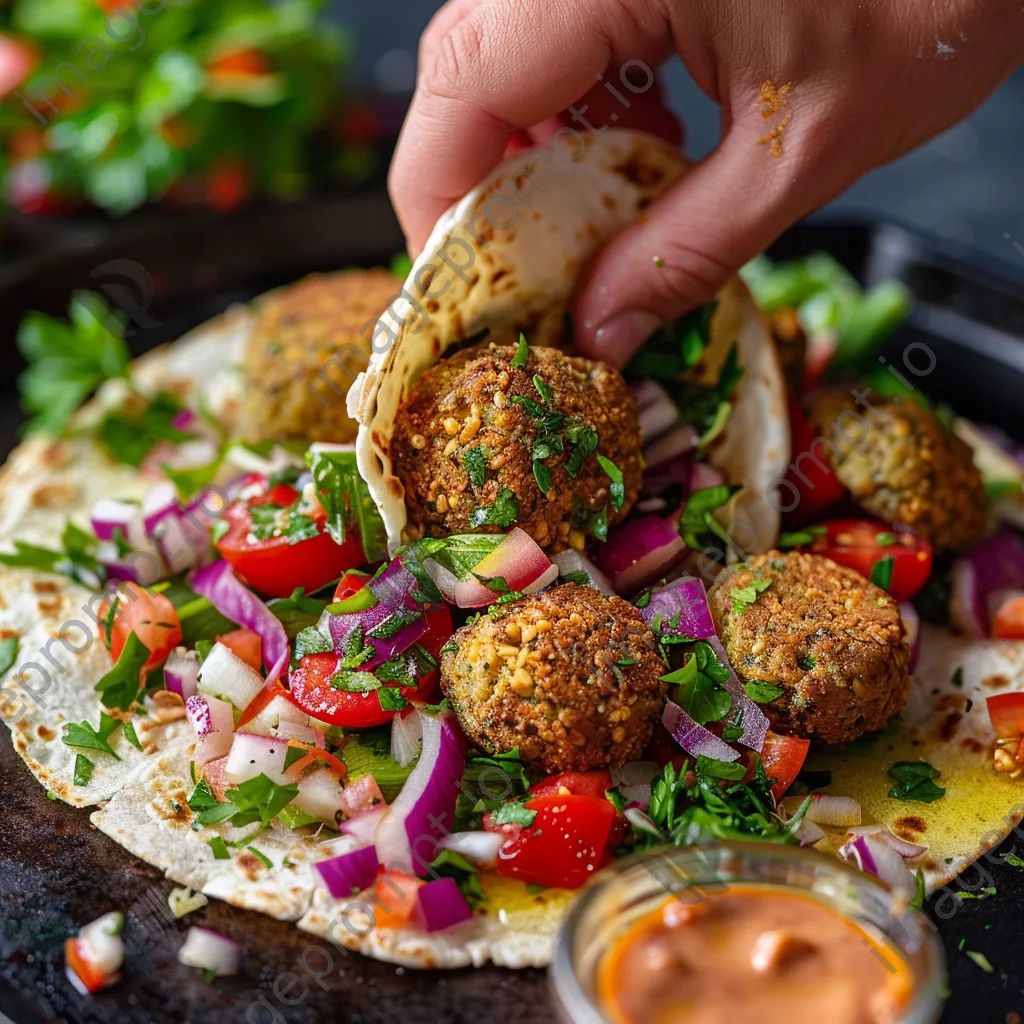 Close-up of a falafel wrap being prepared with fresh ingredients. - Image 4