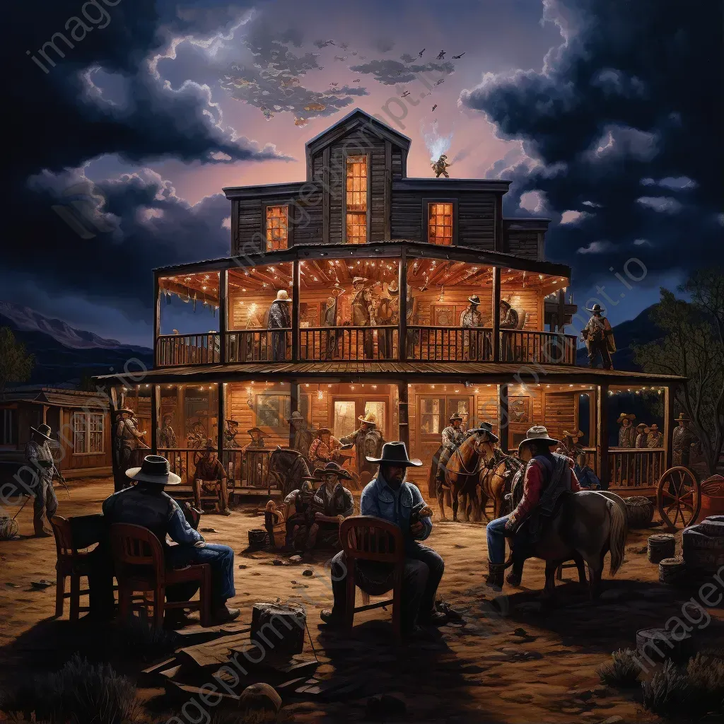 Charcoal illustration of a bustling Wild West saloon at twilight - Image 1