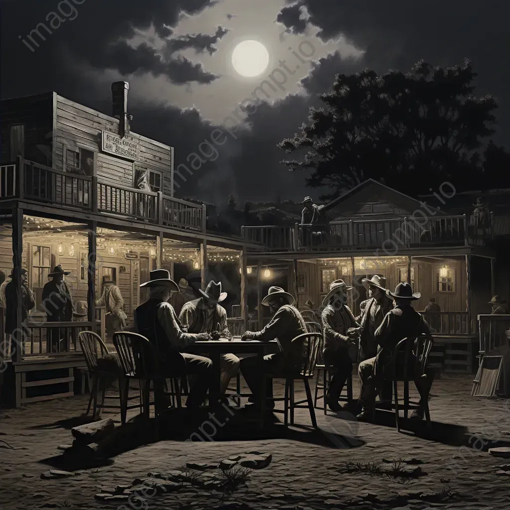 Charcoal illustration of a bustling Wild West saloon at twilight - Image 2