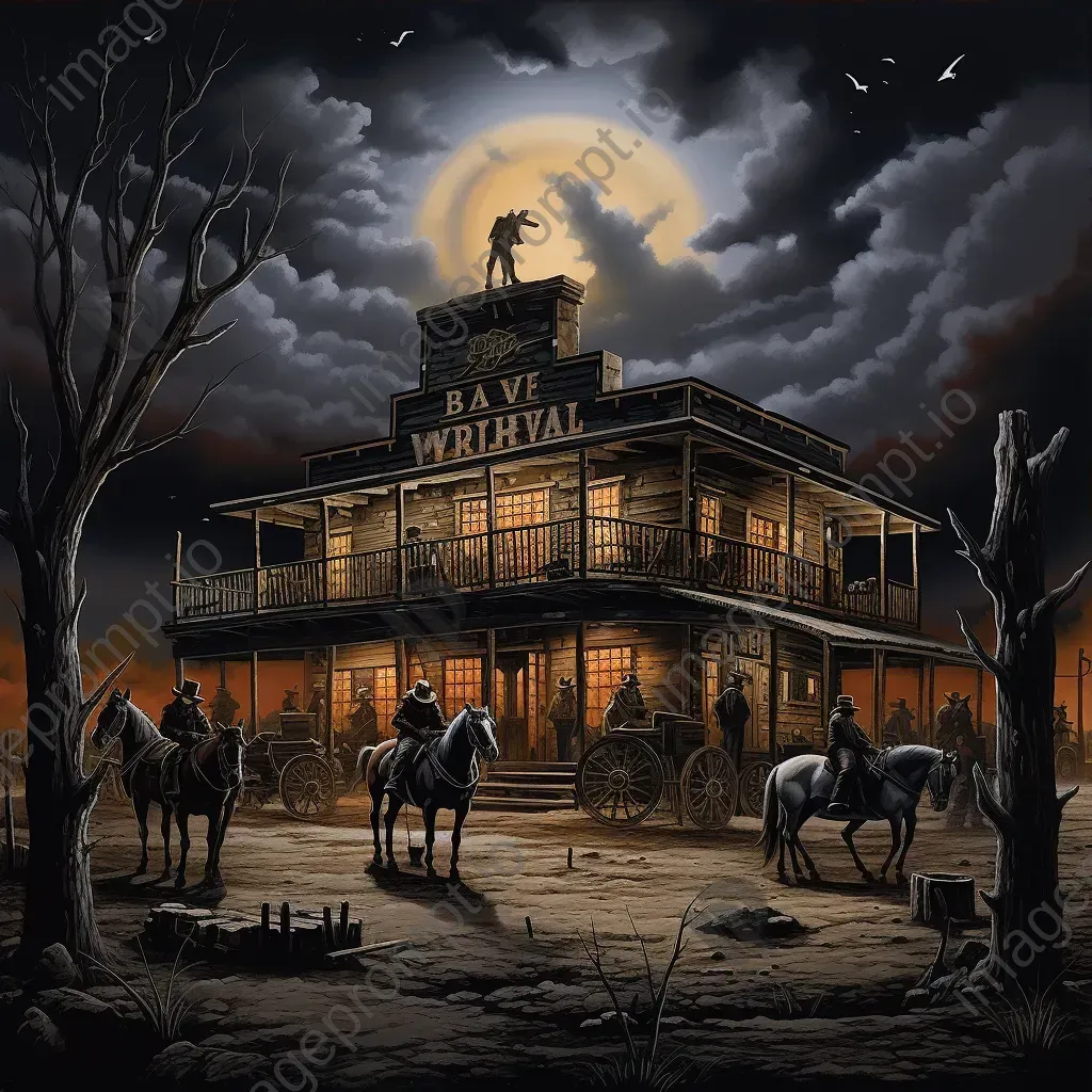 Charcoal illustration of a bustling Wild West saloon at twilight - Image 3