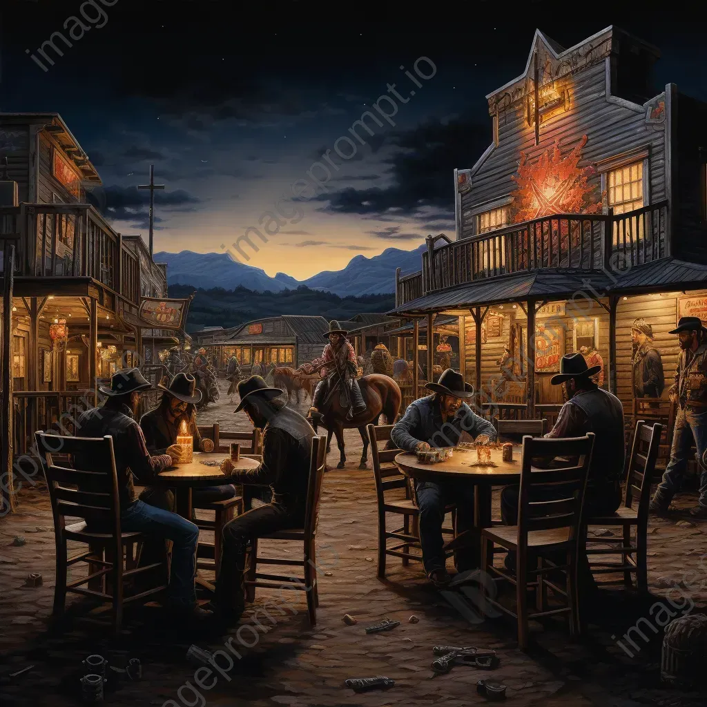 Charcoal illustration of a bustling Wild West saloon at twilight - Image 4