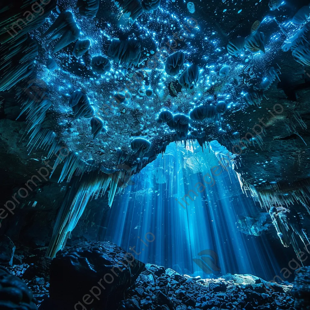 Underwater cave with stalactites and blue light - Image 1