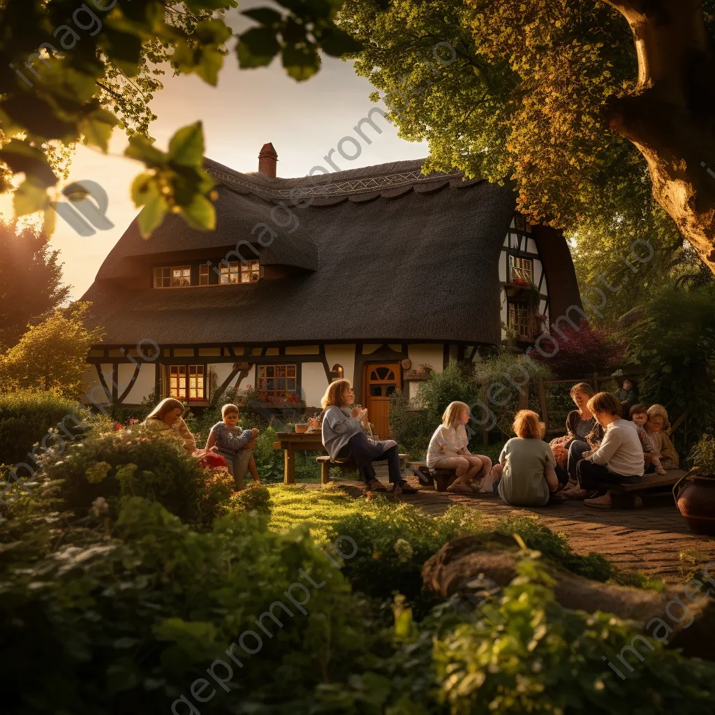 Family gathering in front of thatched-roof house - Image 2