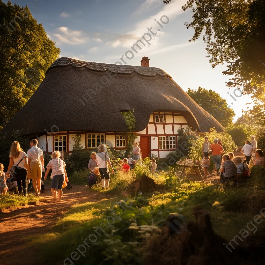 Family gathering in front of thatched-roof house - Image 3