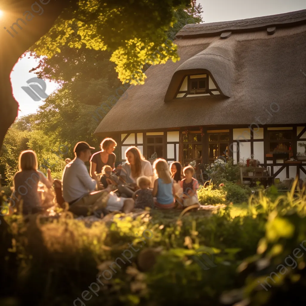 Family gathering in front of thatched-roof house - Image 4