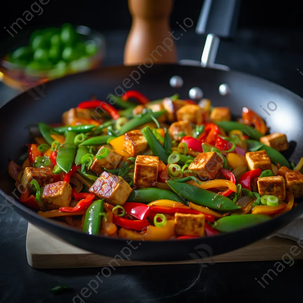 A colorful stir-fry with vegetables and tofu in a wok on a modern kitchen counter. - Image 2