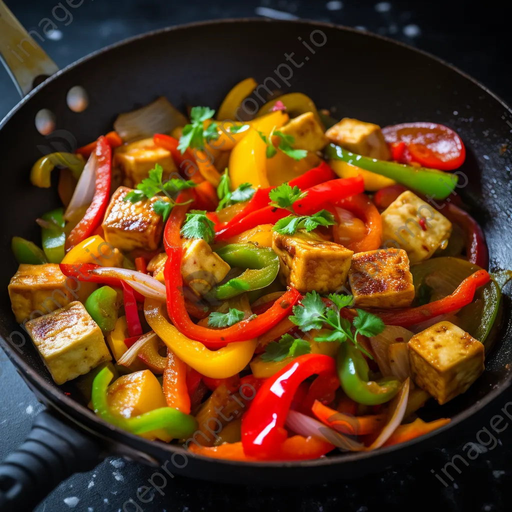 A colorful stir-fry with vegetables and tofu in a wok on a modern kitchen counter. - Image 3