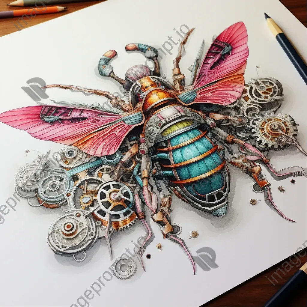 Mechanical gears subtly morphing into an insect through a delicately drawn illusion - Image 1