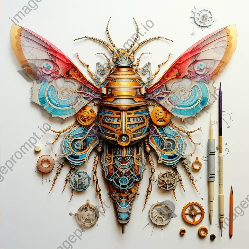 Mechanical gears subtly morphing into an insect through a delicately drawn illusion - Image 2