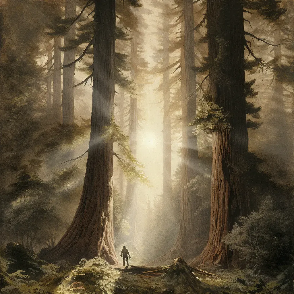 Hiker among towering redwood trees with sunlight filtering through canopy - Image 1