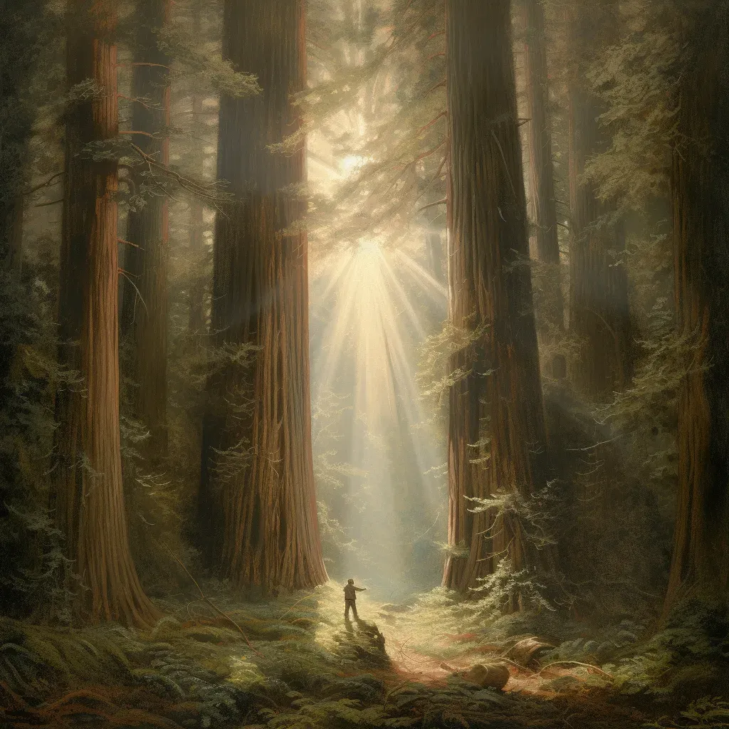 Hiker among towering redwood trees with sunlight filtering through canopy - Image 3