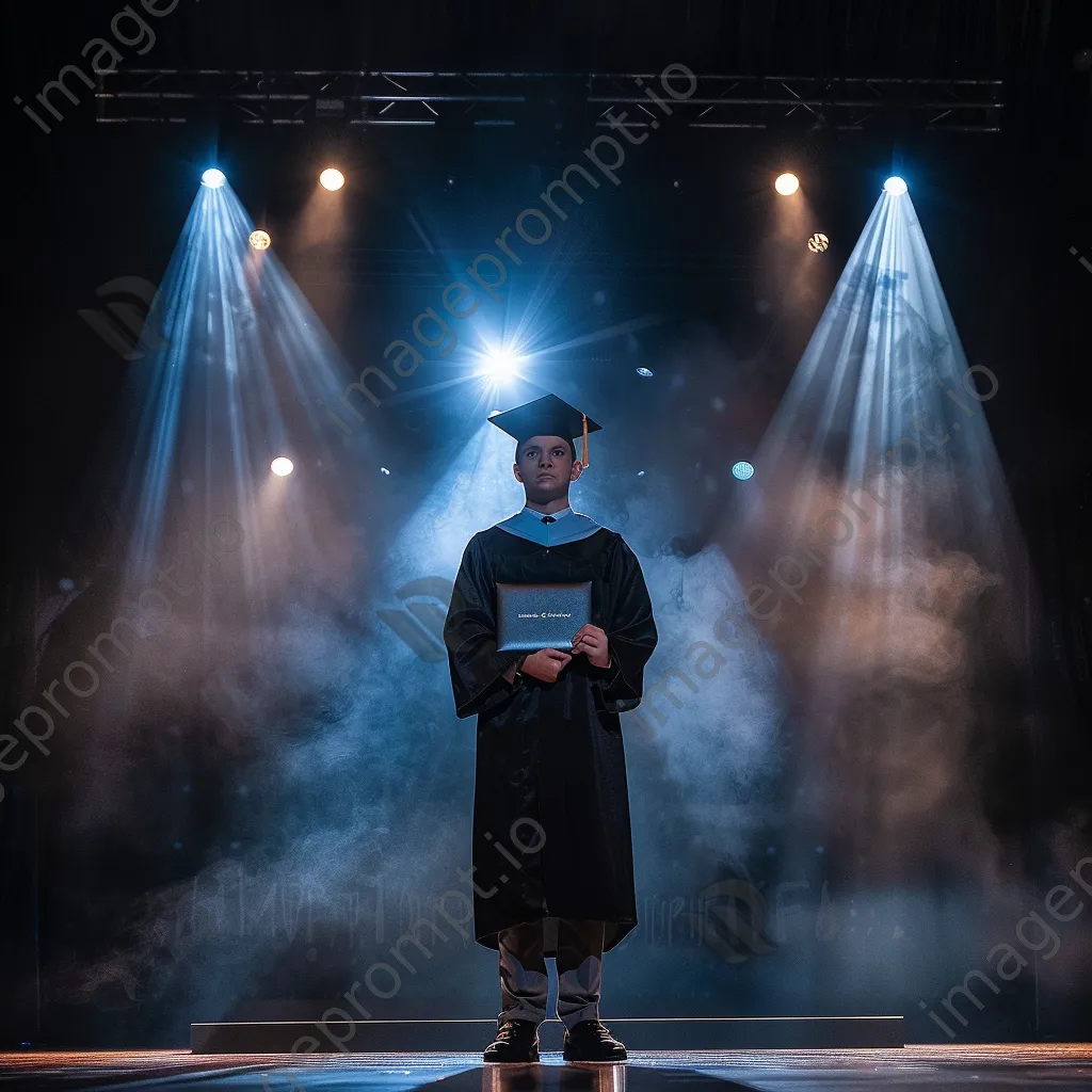 Graduate standing on stage holding diploma under bright lights - Image 1