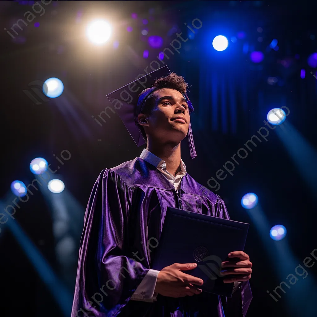 Graduate standing on stage holding diploma under bright lights - Image 2