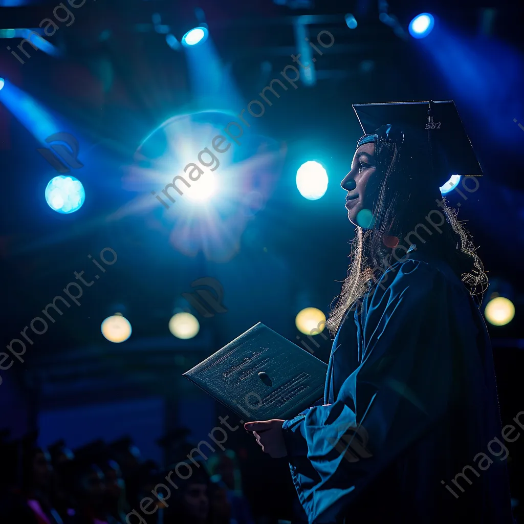 Graduate standing on stage holding diploma under bright lights - Image 3