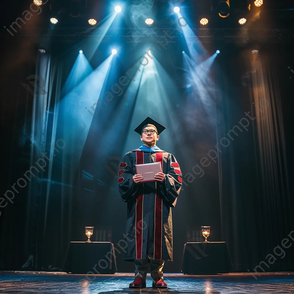 Graduate standing on stage holding diploma under bright lights - Image 4